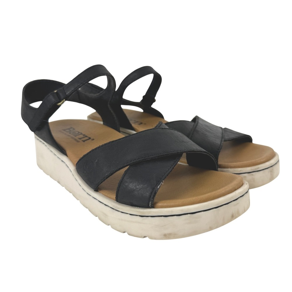 BORN Katrina Leather Ankle Strap Platform‎ Wedge Sandals Women Size 8M Black